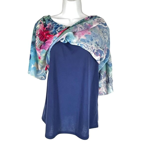 Chicos Size 1 Scarf Top M Colorful Watercolor Kimono Blue Pink White Semi Sheer - Picture 6 of 9